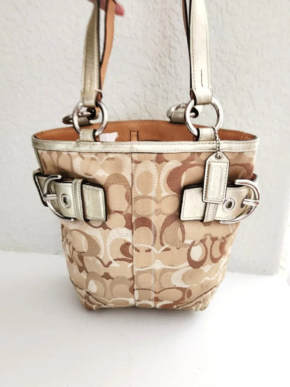 Like New Vintage Rare Coach Optic Metallic Gold & Tan Satchel Bag Handbag Purse